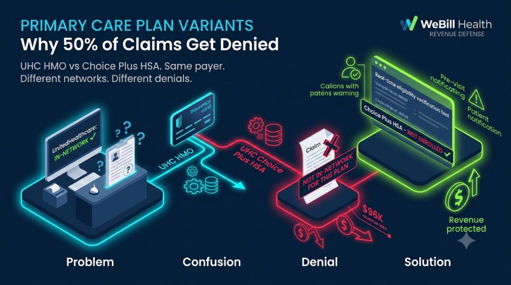 Primary Care Claims: Why 50% Get Denied for Plan Variants (And How to Stop It) A primary care practice in Texas faced a crisis last month. Their front desk ran eligibility checks before every visit. The system showed “UnitedHealthcare in-network.” They submitted claims. Fifty percent got denied. The reason: patients were on UHC Choice Plus HSA. The practice was only enrolled in UHC HMO and EPO. Two different product lines. Same payer name. Completely separate enrollment status. In 30 days, that practice lost $96,000 in stuck revenue. Four weeks later, after fixing their group structure and verifying plan variants before every visit, they recovered $27,000. They’re still fighting for the rest once Medicare and Medicaid approvals clear. This is not a one-time failure. This is the primary care epidemic nobody talks about. The 50% Denial Crisis Nobody Expected Fifty percent denial rate is not normal. It’s catastrophic. But it’s also completely preventable. Here’s what’s happening across primary care practices right now: Front desks run eligibility checks. The tools show “in-network.” Claims get submitted. Payers deny them. Not because of coding errors. Not because documentation is weak. Because the patient is on a plan variant the practice isn’t actually contracted with. UnitedHealthcare alone has eight major plan variants. Molina varies by state. BCBS (Blue Cross/Blue Shield) differs across state lines and carrier networks. Most eligibility verification tools show one answer: “in-network yes/no.” They don’t show which specific variant the patient is on. A 50-visit primary care practice sees 12-15 claims denied daily due to plan variant mismatches. That’s 250-300 denied claims per month. At $200-500 per denied claim, you’re bleeding $50,000 to $150,000 in revenue annually. Before staff time spent resubmitting, appealing, and following up. For a new practice with thin margins, this is the revenue leak that closes the doors. Why Eligibility Tools Fail (And Why You’re Trusting Them Anyway) You bought an eligibility verification tool. Your front desk runs every patient through it before the visit. The system says “in-network.” You think you’re protected. You’re not. Here’s what the tool actually checks: Is the patient covered by this payer? Is this practice enrolled with this payer? It answers those two questions correctly. What it doesn’t do is differentiate between plan variants under the same payer name. When UnitedHealthcare enrolls a practice, they enroll you in specific plans: HMO, EPO, Choice Plus, Choice Plus HSA, Medicare Advantage, Medicaid. These are separate contracts. Separate fee schedules. Separate networks. But your eligibility tool sees them all as “UnitedHealthcare in-network” and gives you a green light. Then a patient calls and says, “My insurance is UnitedHealthcare.” Your front desk marks them in-network. The patient is actually on UHC Choice Plus HSA, a product line the practice isn’t contracted with. Claim gets submitted. Payer denies it. “Not an in-network provider.” This happens because: 1. Eligibility tools prioritize speed over precision. Checking 50 patients per day is the job. Drilling down to plan variant level takes extra steps. Most practices skip it. 2. Payers intentionally obscure variant names. UHC Choice Plus HSA sounds like a variant. It’s actually a completely separate enrollment. Patients don’t know this. Offices don’t realize it. Payers don’t clarify it during enrollment. 3. Plan variants often have different networks. You’re in-network for UHC HMO in Texas. You’re out-of-network for UHC Choice Plus in Texas. Same state. Same payer. Different networks. 4. State-specific Medicaid variants multiply the problem. Molina Medicaid in Texas operates under different rules, fee schedules, and networks than Molina Medicaid in Florida. A practice with offices in both states enrolls once and assumes they’re covered everywhere. They’re not. The tools aren’t lying. They’re just incomplete. The Real Cost to Your Practice (It’s Bigger Than You Think) Let’s calculate what plan variant denials actually cost. Assume a 50-visit primary care practice per day (250 visits per week, 1,000 per month). If 5-10% of claims get denied due to plan variant mismatches (a conservative estimate): 50-100 denied claims per month $200-500 per denied claim (average across payers) $10,000 to $50,000 per month in stuck revenue $120,000 to $600,000 per year Add the hidden costs: Staff time resubmitting: 2-4 hours per week = $100-200/week = $5,000-10,000/year Follow-up calls to payers: 3-5 hours per week = $150-250/week = $7,500-13,000/year Patient payment disputes: 5-10 angry calls per month = 2-4 hours/month = $2,000-4,000/year Aged A/R sitting in accounts receivable: $50,000-150,000 tied up, not cash Days sales outstanding (DSO) increasing: Every denied claim delays cash cycle by 30-60 days Real total annual cost: $134,500 to $637,000 For a practice with $500,000 in monthly collections, this is 3-15% of annual revenue. The Texas practice we mentioned? They lost $96,000 in a single month. That’s the top of this range. But it’s not an outlier. It’s what happens when plan variant denials go undetected for weeks. The Plan Variant Breakdown: Which Payers, Which Variants, Which Networks UnitedHealthcare Plan Variants UnitedHealthcare operates eight major product lines: 1. UHC HMO (Health Maintenance Organization) Restrictive network. Referrals required for specialists. Lower copays. Primary care practices: Typically in-network. Specialists: Often out-of-network. Medicare: Separate enrollment required. 2. UHC EPO (Exclusive Provider Organization) Broader than HMO. No referral requirements. Slightly higher copays. Primary care practices: Typically in-network. Out-of-network care: Covered but at higher patient cost. Common enrollment for primary care. 3. UHC Choice Plus (PPO variant) Flexible. Patients can see any provider. Highest out-of-pocket costs for out-of-network. Primary care practices: Often in-network. But enrollment is separate from HMO/EPO. This is where confusion happens. 4. UHC Choice Plus HSA (High Deductible Health Plan) Tied to Health Savings Accounts. High deductible, low monthly premium. Primary care practices: Less commonly in-network than other variants. Growing product line. Many practices don’t realize they’re NOT enrolled. 5. UHC Medicare Advantage Separate enrollment entirely. Different network. Different fee schedule. Common source of denials: Practices enrolled in commercial HMO but NOT in MA. Patient says “I have UHC.” Office assumes all UHC is the same. It’s not. 6. UHC Medicaid (state-specific) Varies by state. Texas Medicaid looks different from California Medicaid. Multi-state practices get hit hardest. Enrollment status doesn’t transfer across state lines. 7. UHC Medicaid Managed Long-Term Care (MLTC) Specialized Medicaid product. Separate network and authorization requirements. Rare in primary care but causes confusion when it appears. 8. UHC Community Plan Regional variant. Not available everywhere. When available, requires separate enrollment verification. The problem: A practice enrolls with UHC. They think they’re in-network with all of them. In reality, they’re only enrolled with 2-3 variants. When a patient shows up on Choice Plus HSA and the office submitted claims as in-network, the payer denies them. “Not an in-network provider for this plan.” Molina Healthcare Plan Variants (State-Specific) Molina operates separately by state. Enrollment in one state doesn’t cover another. Texas Molina variants: Molina Medicaid (Texas-specific) Molina Medicare Advantage (Texas-specific) Molina Marketplace (ACA plans, Texas-specific) California Molina variants: Molina Medicaid (California-specific, different from Texas) Molina Medicare Advantage (California-specific) Molina Marketplace Florida, New York, Illinois, etc.: Each state has its own Molina network and contracts. A practice with offices in Texas and California enrolls with “Molina.” They assume they’re covered in both states. They’re only covered in the state where they enrolled. Patients from the other state? Out-of-network. Claims denied. Multi-state primary care groups lose $5,000-15,000 per month to cross-state Molina denials because this isn’t top of mind during enrollment. BCBS/Blue Cross/Blue Shield Variants (State and Carrier-Specific) BCBS is branded nationally but operates through state-specific carriers. Anthem (largest BCBS operator), Highmark, Blueshield of California, WellCare, etc. The variant problem: PPO vs. HMO network differences (even within the same state carrier) Separate networks for Medicare Advantage vs. commercial Separate Medicaid networks in each state Fee schedule differences by carrier and state A practice is in-network with Anthem PPO in New Jersey. They’re out-of-network with Anthem HMO in New Jersey. The office doesn’t know the difference. Patient says “I have Anthem.” Office codes it as in-network for both. Claim gets denied if the patient is on the HMO. How to Fix This Before Claims Get Denied You can’t eliminate plan variant denials entirely. But you can prevent 80-90% of them by implementing three systems before claims ever leave your office. Step 1: Audit Your Actual Enrollments Before you do anything else, you need to know exactly which plans you’re actually enrolled in. Not which ones you think you are. Which ones you actually are. Pull your enrollment records from: For Medicare: PECOS (Provider Enrollment, Chain, and Ownership System at cms.gov). Download your enrollment list. Document every Medicare specialty you’re enrolled in. For commercial payers: Log into each payer’s provider portal (Availity, Change Healthcare, etc.). Pull your active contracts. Write them down. Don’t estimate. Don’t assume. Example document: Payer Plan Variant Enrollment Status Network Type Fee Schedule UnitedHealthcare HMO Active In-Network [Fee %] UnitedHealthcare EPO Active In-Network [Fee %] UnitedHealthcare Choice Plus Active In-Network [Fee %] UnitedHealthcare Choice Plus HSA NOT ENROLLED N/A N/A UnitedHealthcare Medicare Advantage NOT ENROLLED N/A N/A Molina Medicaid (Texas) Active In-Network [Fee %] Molina Medicaid (Florida) NOT ENROLLED N/A N/A BCBS Anthem NJ PPO Active In-Network [Fee %] BCBS Anthem NJ HMO NOT ENROLLED N/A N/A Print this. Post it at every front desk. This is your enrollment truth. Nothing gets submitted until it matches this list. Timeline: 4 hours. One person. One afternoon. Step 2: Implement a Three-Question Eligibility Verification Protocol When front desk staff run eligibility, they need to answer three questions. Not one. Three. Question 1: What is the patient’s primary insurance carrier? (UHC, Molina, BCBS, etc.) Question 2: What is the specific plan variant? (Not just “UHC”—which UHC plan? HMO? EPO? Choice Plus? Choice Plus HSA?) Question 3: Does our enrollment list show we’re in-network with THIS specific variant? (Match the variant name to your enrollment document. Yes or no. Nothing in between.) If the answer to Question 3 is “no,” the patient is out-of-network for your office. The office needs to: Notify the patient upfront (before the visit) Get written financial responsibility acknowledgment Or reschedule and work with the patient on coverage This prevents surprise denials and patient disputes. Implementation: 30 minutes of front desk training. One checklist at each workstation. Done. Step 3: Use Real-Time Eligibility Tools That Show Variant-Level Detail Your current eligibility tool is incomplete. You need one that drills down to the plan variant. Tools like Availity, MediData, and others offer variant-level verification. Your EHR (AdvancedMD, Epic, etc.) may have this built in. Check your settings. When you run eligibility, the tool should show: Patient name Payer: UnitedHealthcare Plan variant: Choice Plus HSA Network status: Out-of-Network for [Practice Name] Copay/Deductible: [amounts] Authorization required: Yes/No If your tool doesn’t show plan variant, call your vendor. Ask them why. Demand they add it. If they can’t, switch vendors. Real-time variant verification prevents 80% of plan variant denials immediately. Cost: Usually included in your current tool subscription. May require a setting change or module activation. Step 4: Clinical Virtual Assistant for Real-Time Eligibility Verification For practices that see high volume, a Clinical Virtual Assistant (CVA) manages eligibility verification, prior authorization, and real-time benefits checking. A CVA: Runs eligibility on every patient before the scheduled visit Flags variant mismatches immediately Obtains required prior authorizations upfront Verifies coverage for specific services (lab, imaging, etc.) Prevents denials before they happen This is the next-level defense. Instead of reactive denial management, it’s proactive denial prevention. Real case: The Texas practice mentioned above now uses a CVA. In their first month post-implementation, plan variant denials dropped to zero. They’re recovering $3,000-5,000 monthly that previously would have been lost. Cost: Typically $2,000-4,000 per month depending on visit volume. But if you’re losing $50,000-150,000 annually to plan variant denials, this pays for itself in 2-4 months. Why Revenue Share Alignment Matters for This Problem Plan variant denials are a systems problem. Your front desk doesn’t have the tools. Your eligibility vendor doesn’t show variant details. Your payers don’t make variants transparent. Fixing this requires money: tool upgrades, staff training, potentially a Clinical VMA. Most RCM vendors charge flat fees or percentages whether they solve this or not. You pay them whether denials drop or climb. WeBill Health operates differently. We align our revenue directly with yours. We don’t get paid unless your collections improve. Your denials drop, our commission goes up. Your A/R increases, we hurt too. That alignment changes everything. When plan variant denials are costing you $120,000-600,000 per year, we have every incentive to eliminate them. Not because we’re nice. Because our paychecks depend on it. We audit your actual enrollments. We implement variant-level eligibility verification. We deploy a Clinical VMA if you need one. We prevent denials before they happen. And we only succeed when you succeed. That’s the difference between a billing vendor and a revenue defense partner. What’s Your Plan Variant Problem Costing Right Now? You probably don’t know. Most practices don’t track denials by root cause. They see $50,000 stuck in A/R and assume it’s coding errors or documentation problems. They don’t realize 30-50% of it is plan variant mismatches. The Texas practice didn’t know until they were hemorrhaging $96,000 in a month. Then it became impossible to ignore. Don’t wait for a crisis. Get a 20-minute free audit. We’ll pull your actual enrollments, run 100 random claims through a variant-level verification check, and show you exactly how much you’re losing to plan variant denials. Most practices discover they’re bleeding $5,000-15,000 per month they never knew about. Book your free primary care eligibility audit. We’ll identify your specific variant blind spots and build a recovery plan.