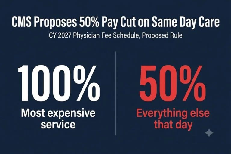 Chart showing CMS proposed CY 2027 payment split, 100 percent for the most expensive service and 50 percent for everything else billed the same day